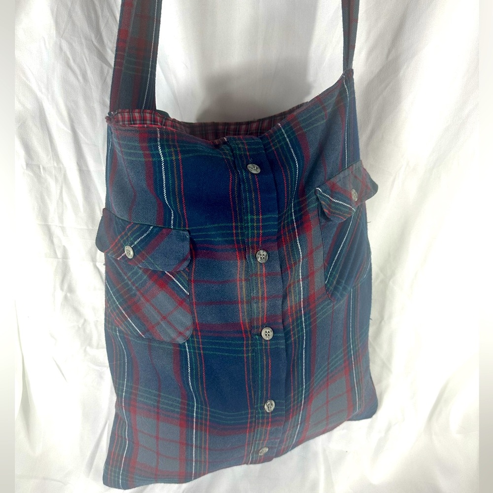 MorganRy Flannel Sholder Bag Whitney 07 Gray Blue Handmade Lined Rescued Shirt
